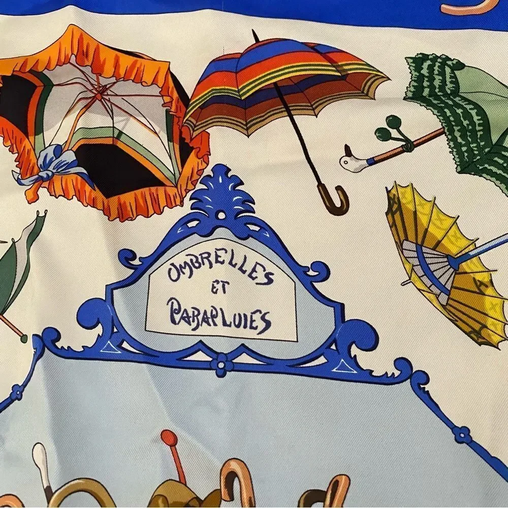 Hermes Blue Silk Square Scarf Ombrelles et Parapluies Umbrellas France 1998